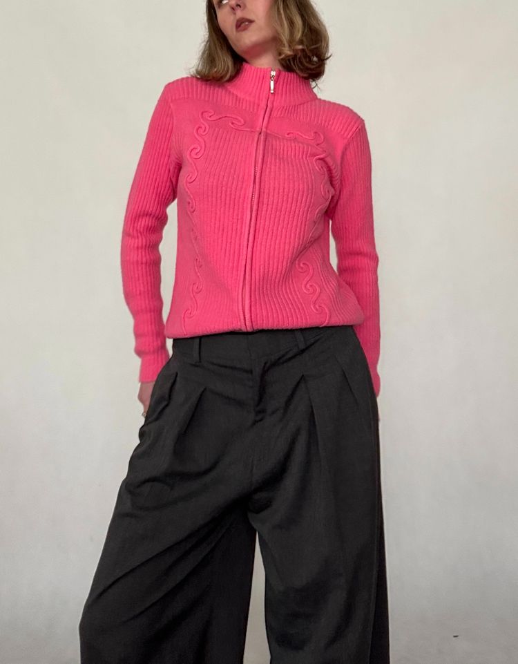 pink ribbed zip-up cotton sweater obraz 4