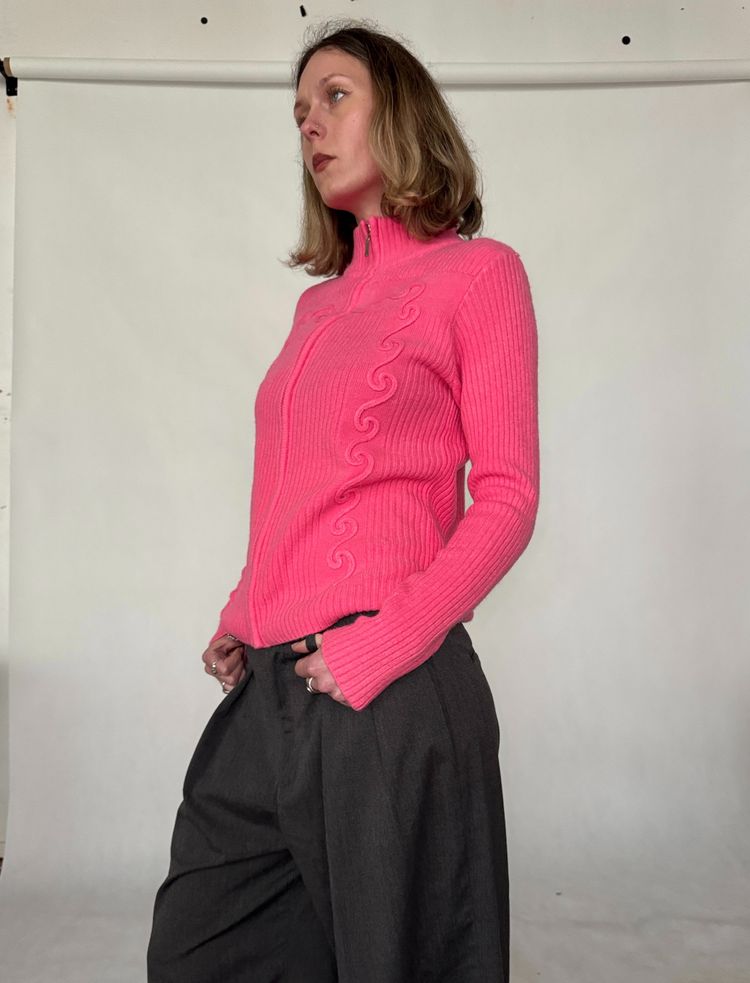 pink ribbed zip-up cotton sweater obraz 6