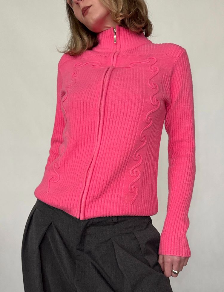 pink ribbed zip-up cotton sweater