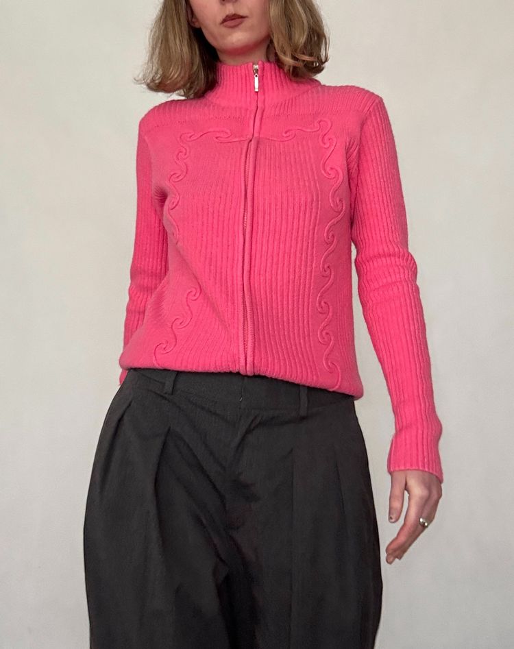 pink ribbed zip-up cotton sweater obraz 3