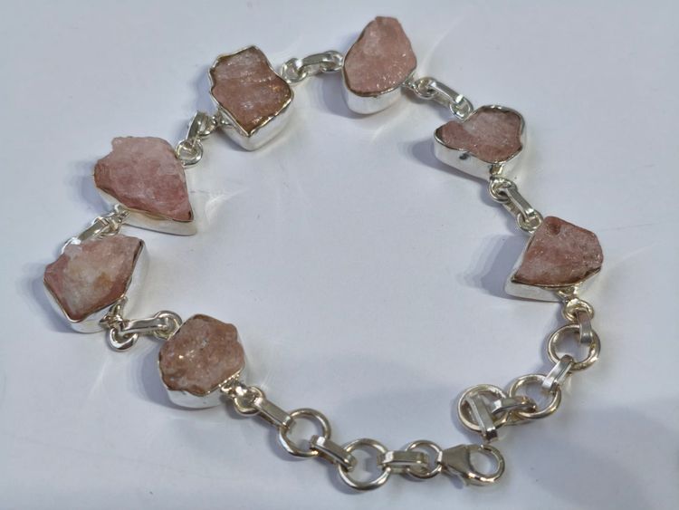 PULSERA PLATA DE LEY CON PIEDRA EN BRUTO DE CUARZO ROSA 