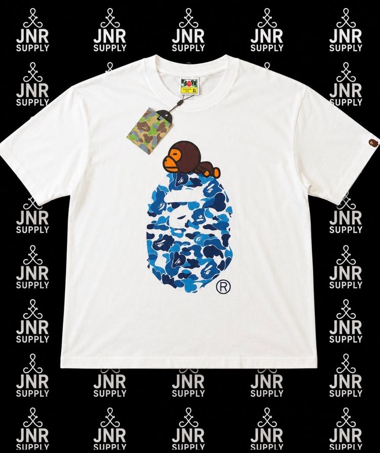 A Bathing Ape White T-Shirt With Blue Camo Ape Face And Brown Monkey image 1