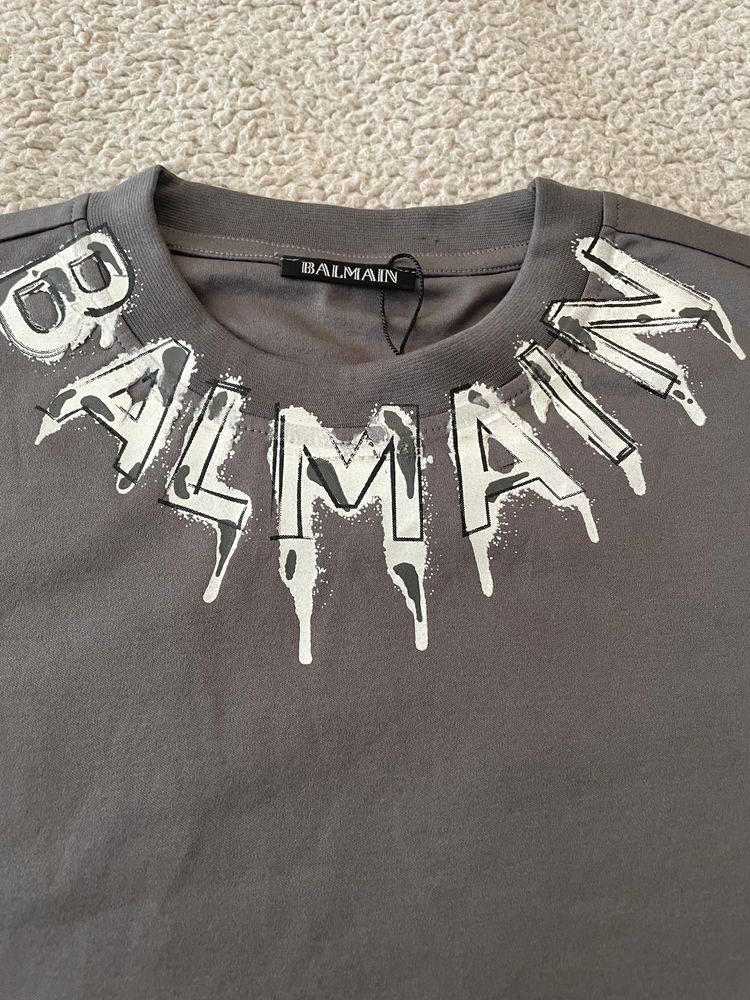 Balmain Grey T-Shirt With White Graphic Print