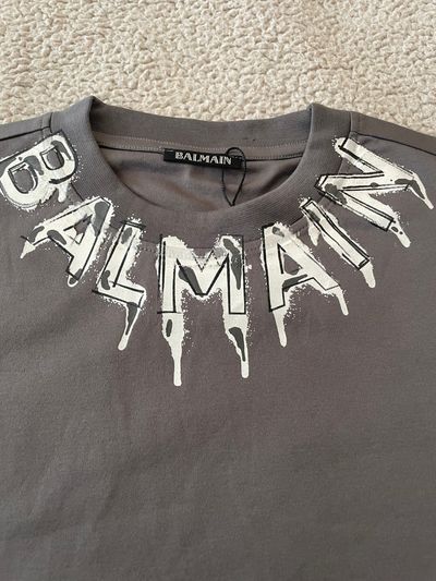 Balmain Grey T-Shirt With White Graphic Print