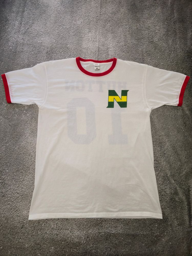 White Ringer T-Shirt With Red Trim And Green Yellow Logo