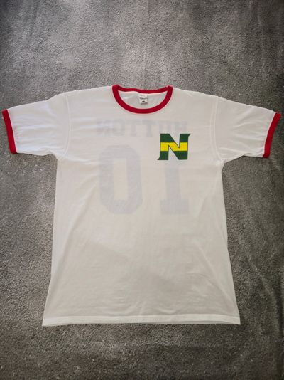 White Ringer T-Shirt With Red Trim And Green Yellow Logo