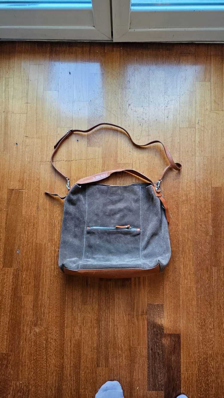 Grey Canvas Shoulder Bag With Brown Leather Accents