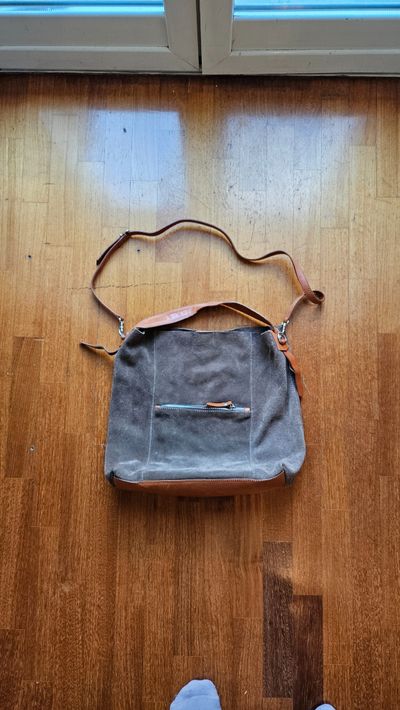 Grey Canvas Shoulder Bag With Brown Leather Accents