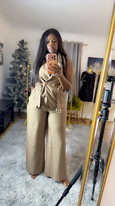 Beige Sleeveless Belted Two piece