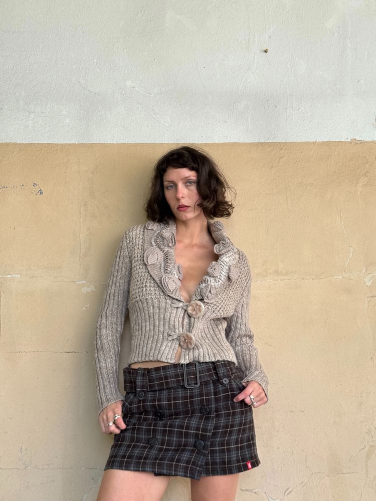 beige knitted cardigan with roses