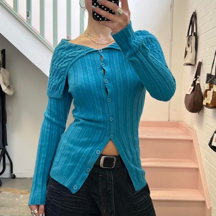 Other Granzo Blue Ribbed Button-Up Cardigan Sweater product image