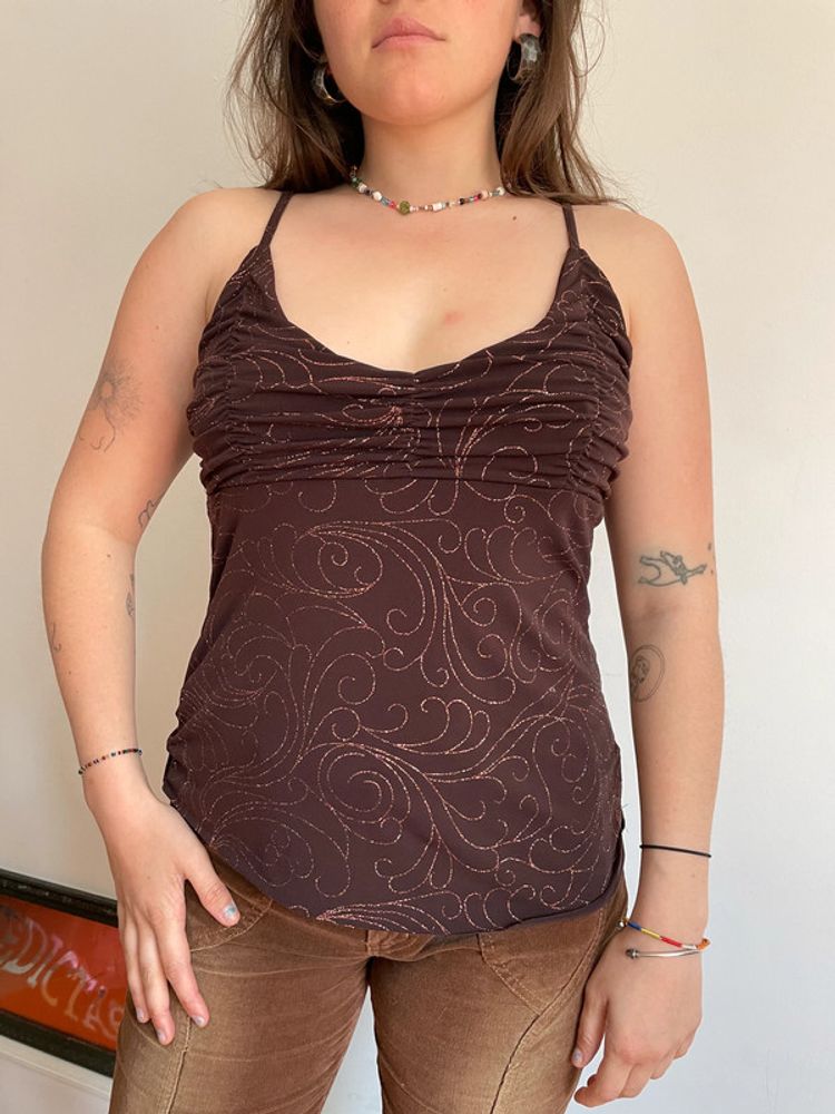 Y2K brown and gold sparkly metallic party top