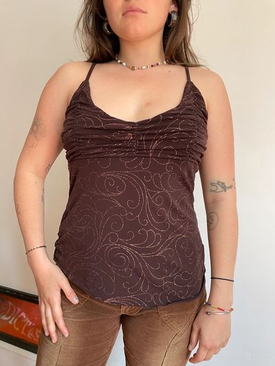 Y2K brown and gold sparkly metallic party top