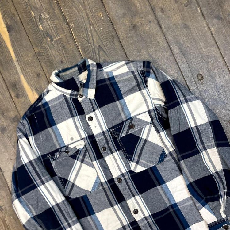 Vintage Over Shirt Check Sherpa Lined Workwear Jacket, Navy, Mens Large 3