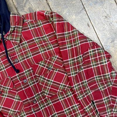 Vintage Hooded Over Shirt Checkered Quilt Lined 90s Button Up, Red, Mens Large 4