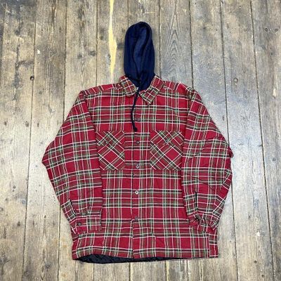 Vintage Hooded Over Shirt Checkered Quilt Lined 90s Button Up, Red, Mens Large 1