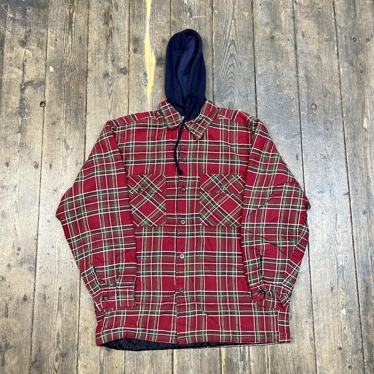 Vintage Hooded Over Shirt Checkered Quilt Lined 90s Button Up, Red, Mens Large