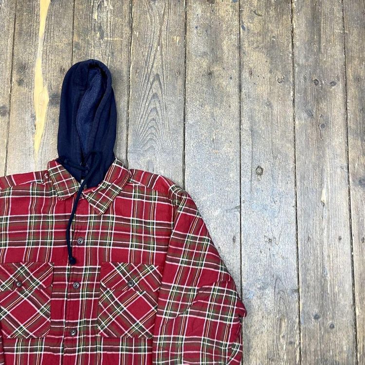 Vintage Hooded Over Shirt Checkered Quilt Lined 90s Button Up, Red, Mens Large 2