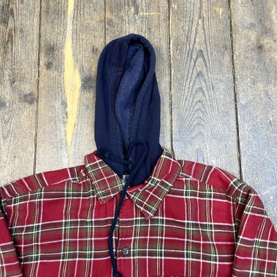 Vintage Hooded Over Shirt Checkered Quilt Lined 90s Button Up, Red, Mens Large 7