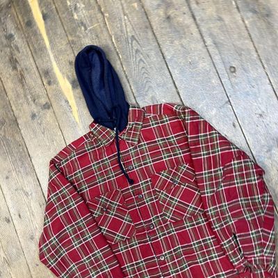 Vintage Hooded Over Shirt Checkered Quilt Lined 90s Button Up, Red, Mens Large 3