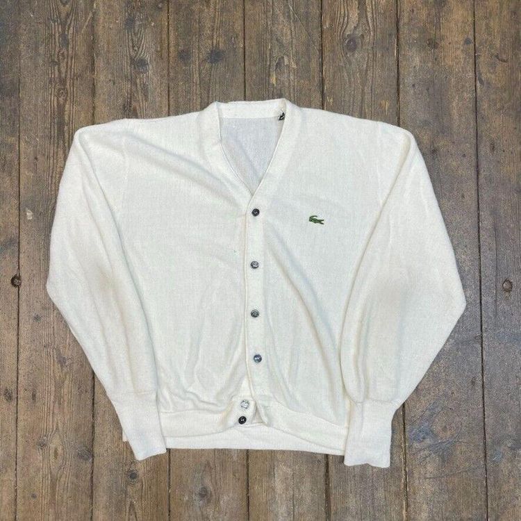 Lacoste Jumper Knit 90s Vintage USA Acrylic Cardigan, White, Mens Large image 1