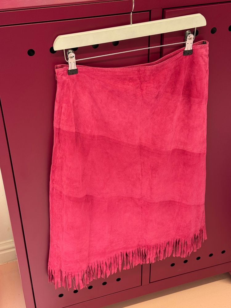 Pink Suede Skirt With Fringe Hem