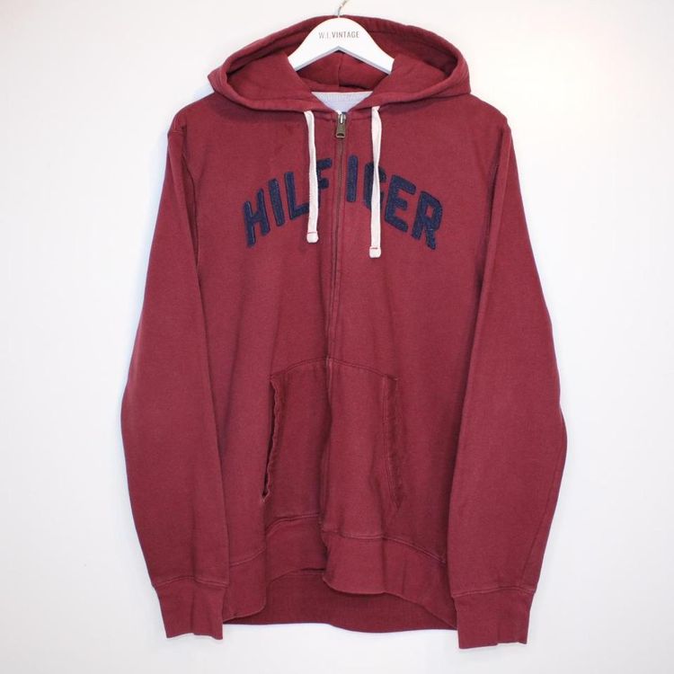 Tommy Hilfiger zip through hoodie! Big spell out in burgundy size large. image 1