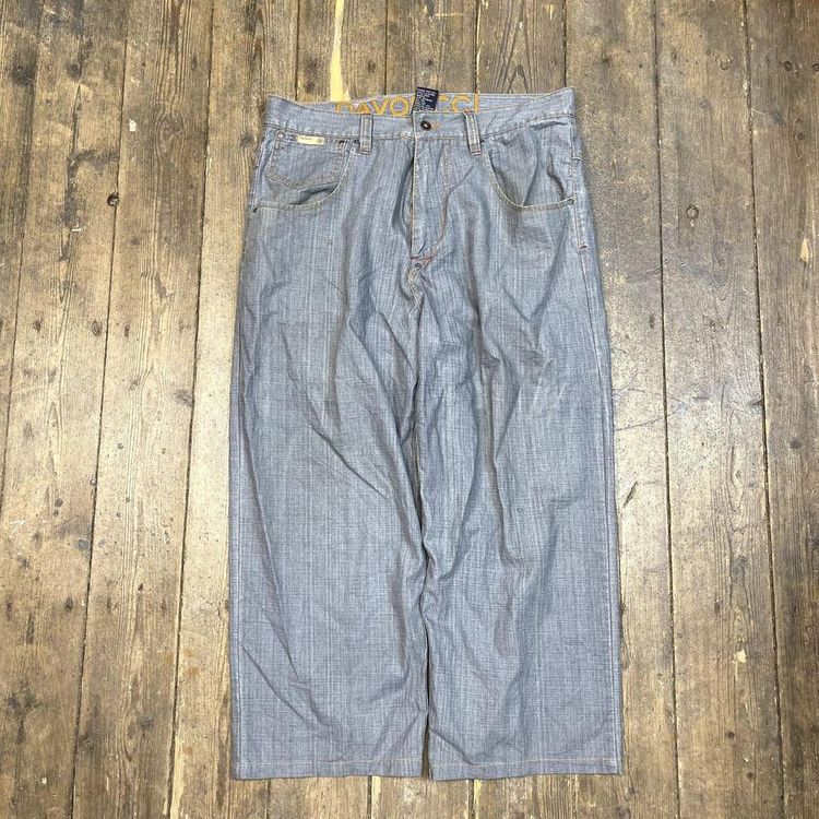 Davoucci Jeans Denim Y2K Hip Hop Embroidered Baggy Trousers, Blue, Mens 38