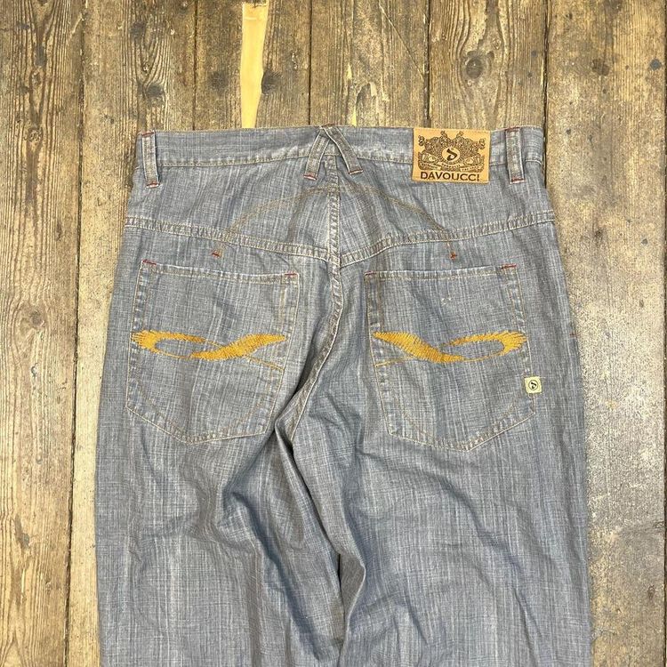 Davoucci Jeans Denim Y2K Hip Hop Embroidered Baggy Trousers, Blue, Mens 38 7
