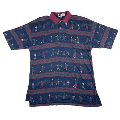 Vintage Izod Golf Graphic All Over Print Polo Shirt Navy Small 1