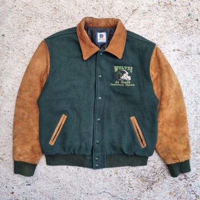 Rennoc Varsity Jacket Men Size L Suede Leather Wool Letterman Green Brown 1