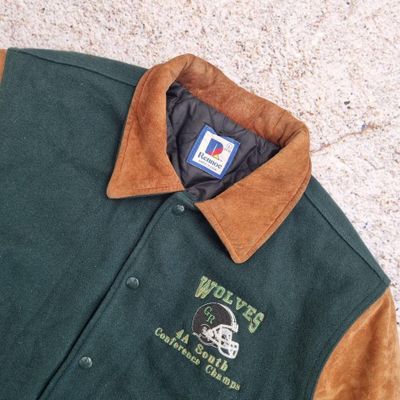 Rennoc Varsity Jacket Men Size L Suede Leather Wool Letterman Green Brown 2