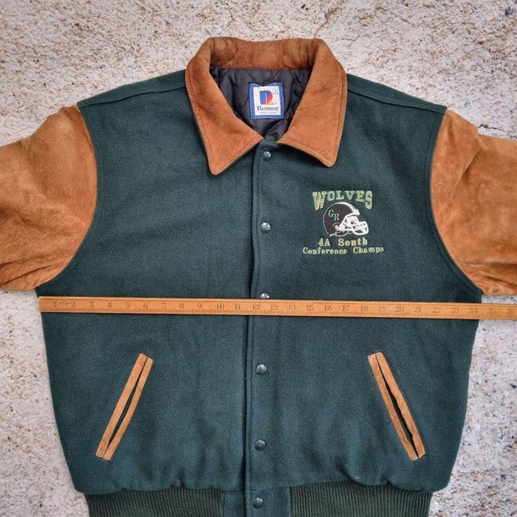 Rennoc Varsity Jacket Men Size L Suede Leather Wool Letterman Green Brown 5