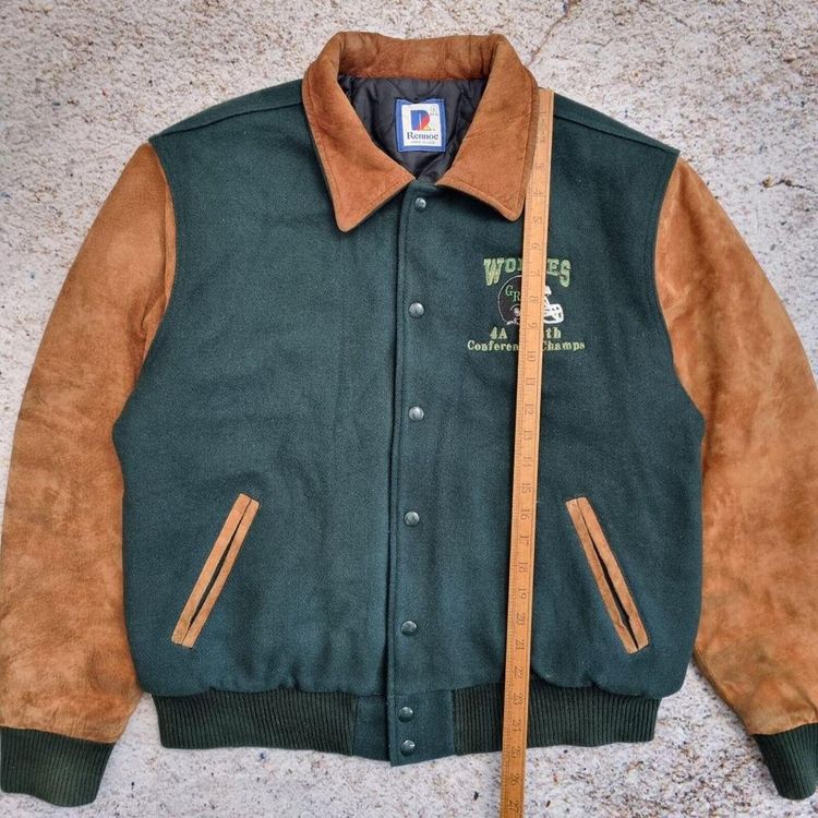 Rennoc Varsity Jacket Men Size L Suede Leather Wool Letterman Green Brown 4