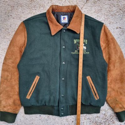 Rennoc Varsity Jacket Men Size L Suede Leather Wool Letterman Green Brown 4