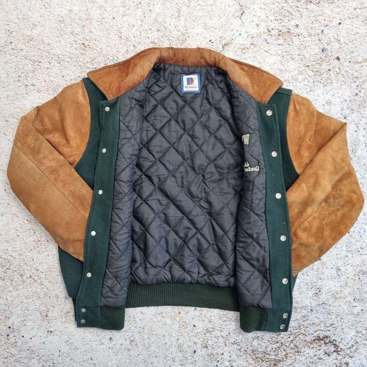 Rennoc Varsity Jacket Men Size L Suede Leather Wool Letterman Green Brown 7