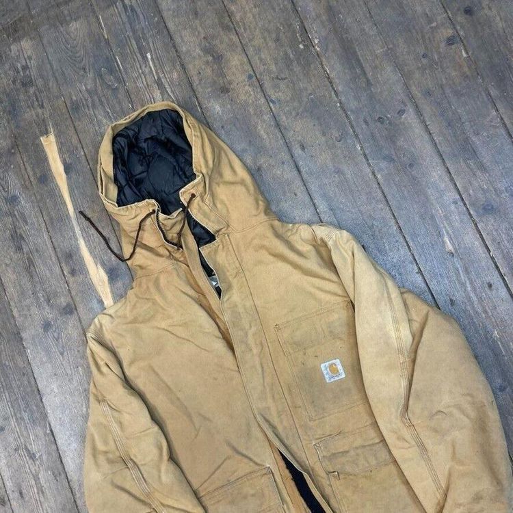 Carhartt Chore Jacket Quilt Lined Full-Zip Hooded Workwear Coat, Beige, Mens 2XL 3