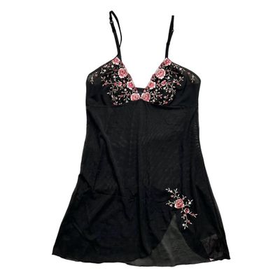 Gorgeous black mesh mini slip dress with delicate pink floral embroidery and a leg slit