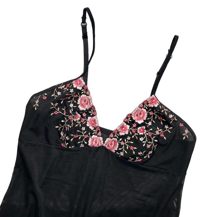 Gorgeous black mesh mini slip dress with delicate pink floral embroidery and a leg slit image 2