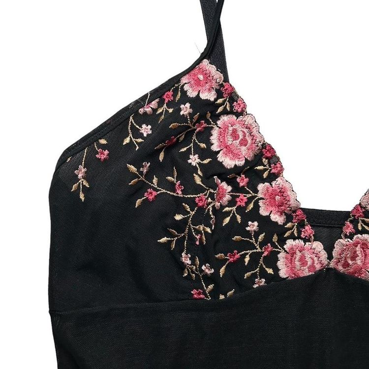 Gorgeous black mesh mini slip dress with delicate pink floral embroidery and a leg slit image 3