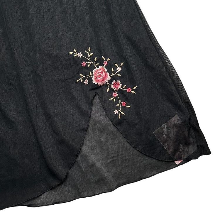 Gorgeous black mesh mini slip dress with delicate pink floral embroidery and a leg slit image 4