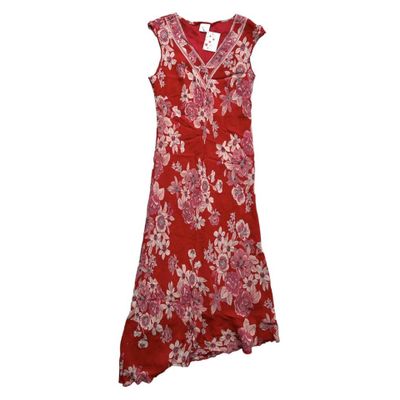 Stunning pink and red floral organza overlay midi dress with a v neckline and an asymmetric hem