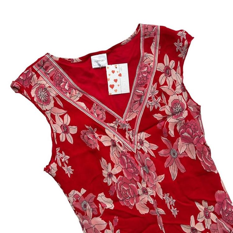 Stunning pink and red floral organza overlay midi dress with a v neckline and an asymmetric hem image 2