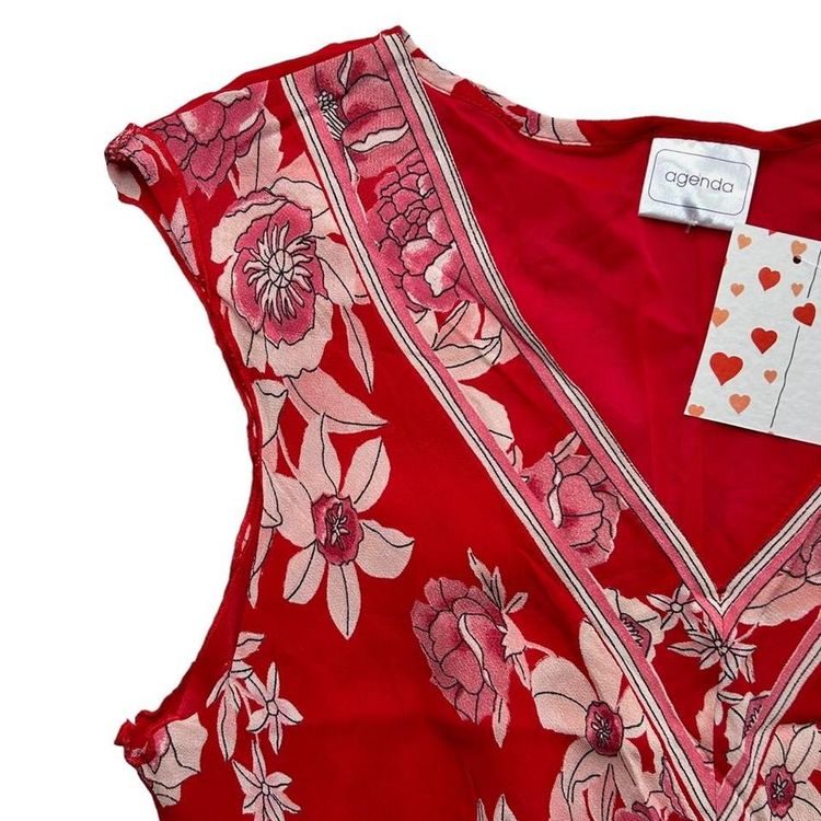 Stunning pink and red floral organza overlay midi dress with a v neckline and an asymmetric hem image 3
