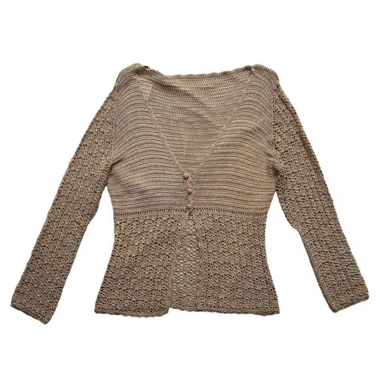 Gold/ tan crochet long sleeve cardigan with a 3 button fastening