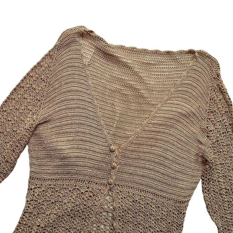 Gold/ tan crochet long sleeve cardigan with a 3 button fastening image 2