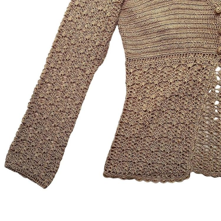 Gold/ tan crochet long sleeve cardigan with a 3 button fastening image 3