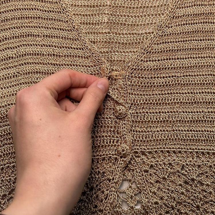 Gold/ tan crochet long sleeve cardigan with a 3 button fastening image 4