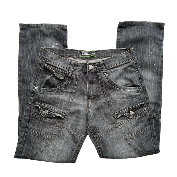 Grey wash straight leg cargo style jeans with patch pockets