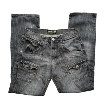 Grey wash straight leg cargo style jeans with patch pockets